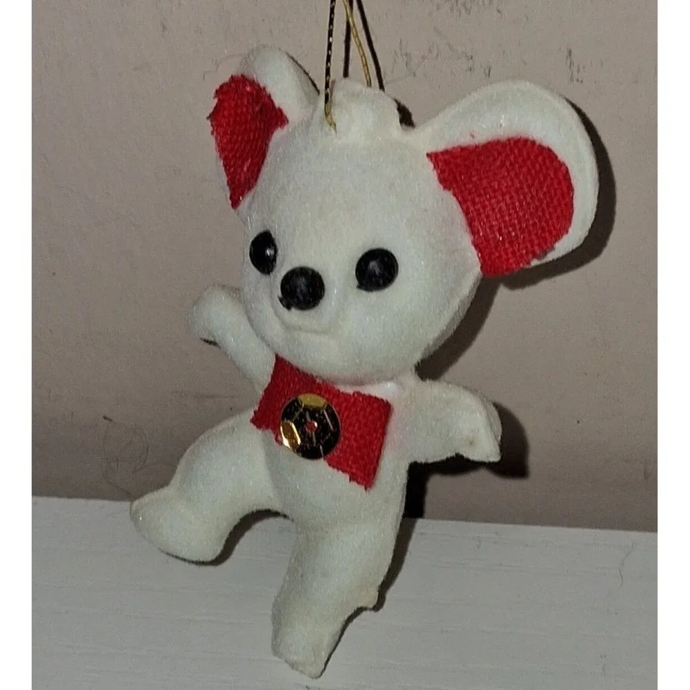 Vintage Flocked Mouse Ornament – Red Bow & Gold Star Accent – 2.5